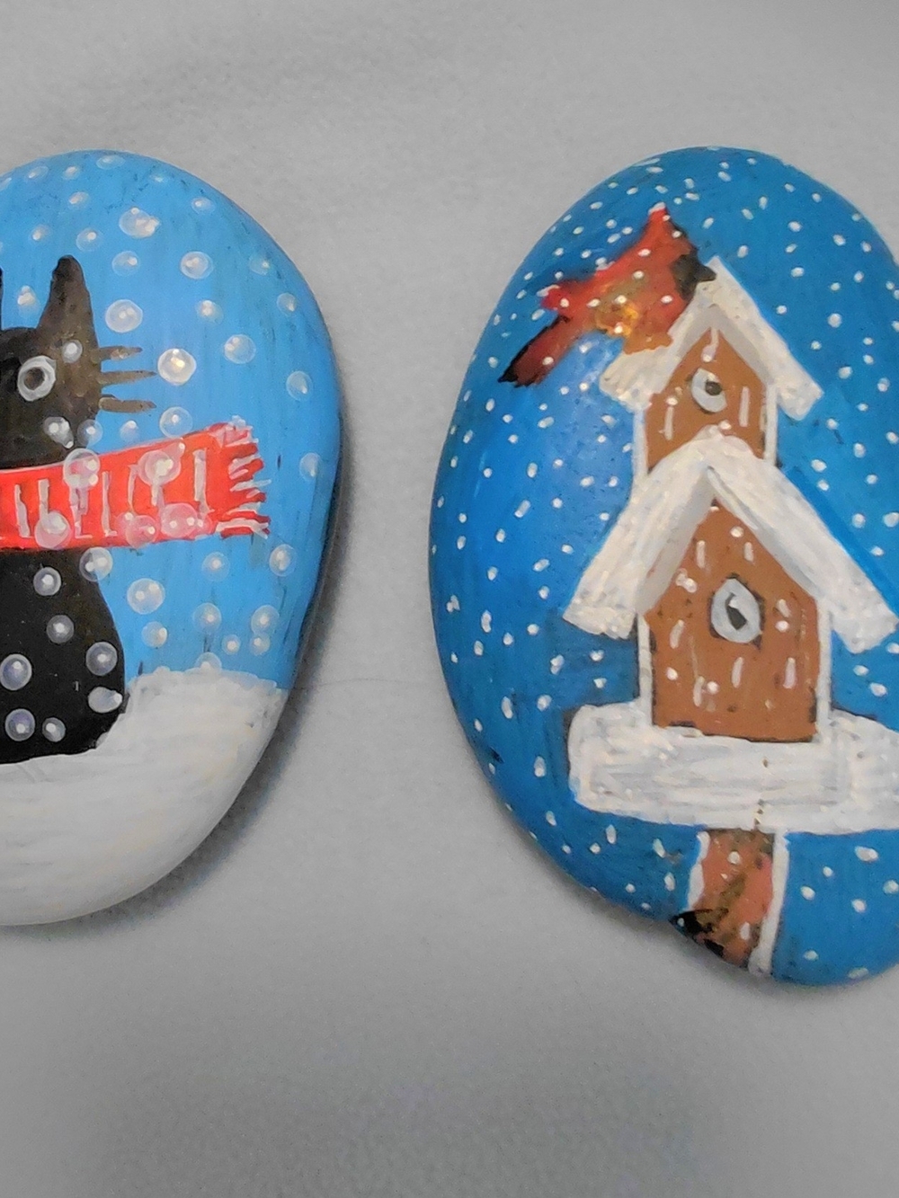 Blue Hand-Painted Holiday Decorative Stones with Winter Pics